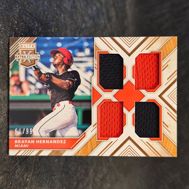 Panini Elite Extra Edition 2019 - Quad Materials - Brayan Hernandez, Miami Marlins /99 #QM-BH